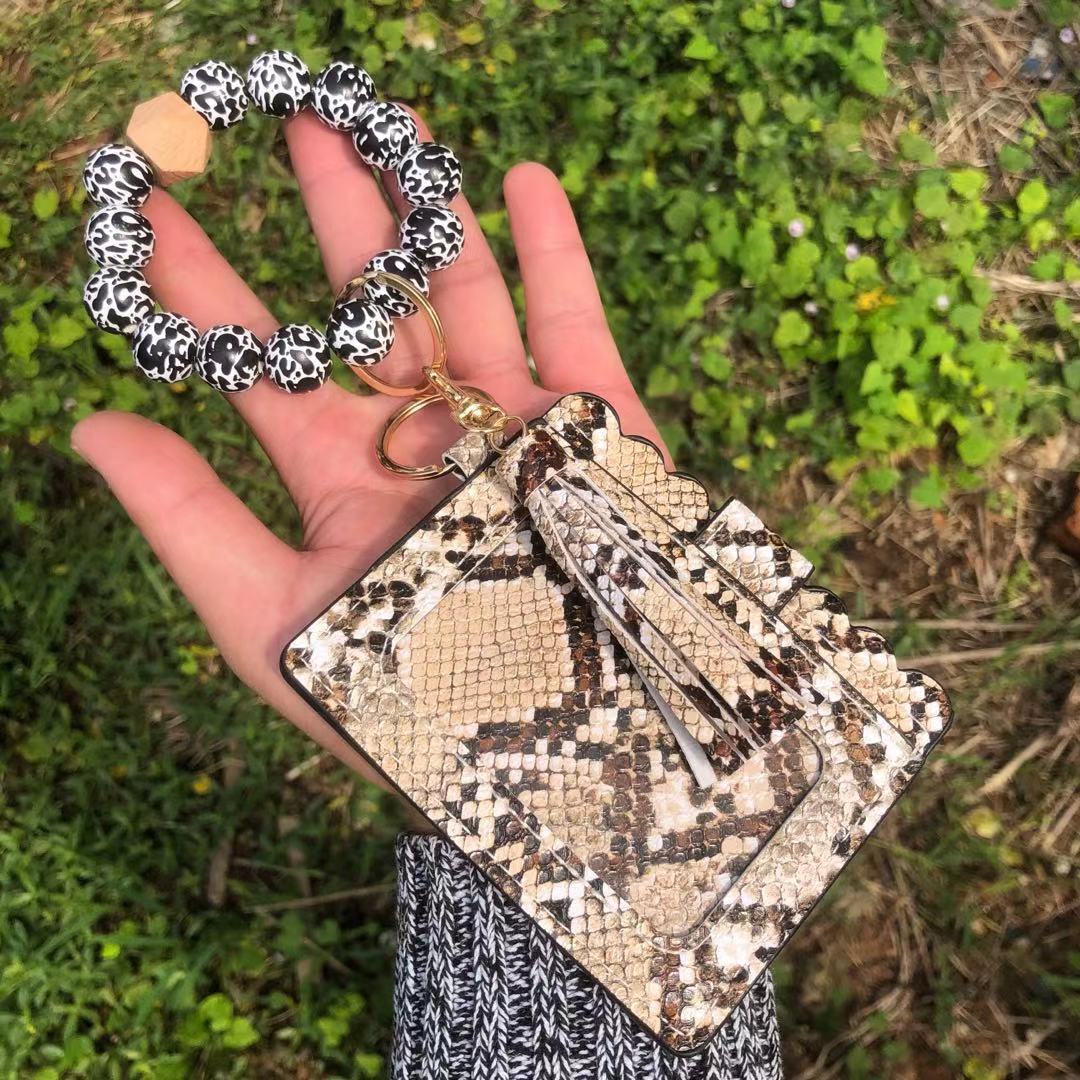 Wholesale Christmas Colorful Beads PU Tassel Bracelet Coin Purse Keychain